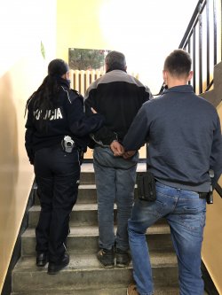 policjanci prowadzący po schodach zatrzymanego, który ma założone kajdanki na ręce trzymane z tyłu