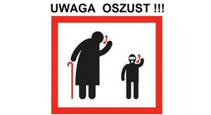 awatar - czarna grafika starszej kobiety i obok przestępcy trzymających słuchawki telefonów w ręce, czerwona obramówka wokół nich, na górze napis uwaga oszust