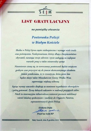 List gratulacyjny od poseł na sejm Elżbiety Dudy