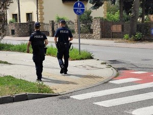 dwóch umundurowanych policjantów patrolujących pieszo ścieżke rowerową, za nimiprzejście dla pieszych