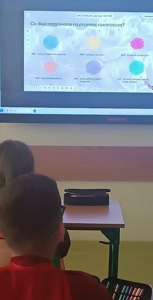 dzieci siedzące w szkolnych ławkach oglądają ekran z prezentacją