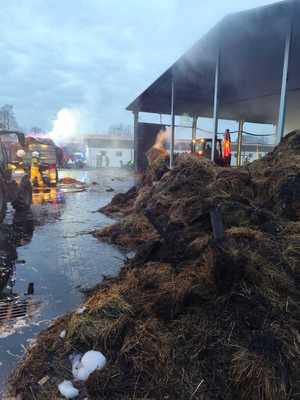 słoma i siano obok służby ratunkowe wokół nich dym