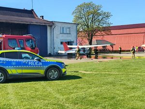 radiowóz i wóz strażacki w tle awionetka