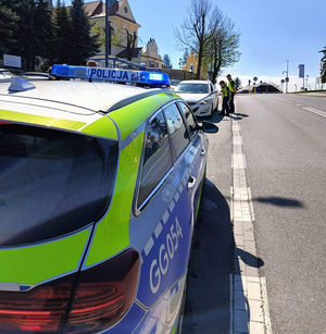 policjanci podczas kontroli drogowej obok oznakowany radiowóz