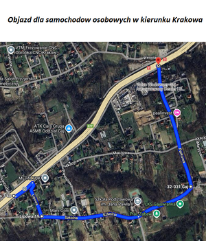 mapka z zaznaczonym objazdem