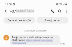 wiadomość od oszuta na telefonie