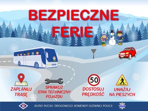 grafika z napisem bezpieczne ferie autobus dzieci na obrazku