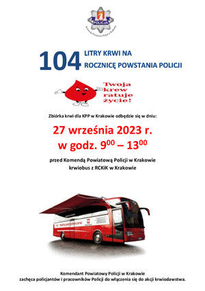 plakat akcji krwiodawstwa planowanej na dzień 27 wrzesień br. z grafiką kropli krwi i krwiobusa