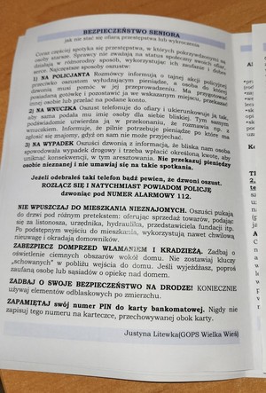 strona piguły wydanej przez GOPS z treścią komunikatów ostrzegawczych przed oszustami (2)